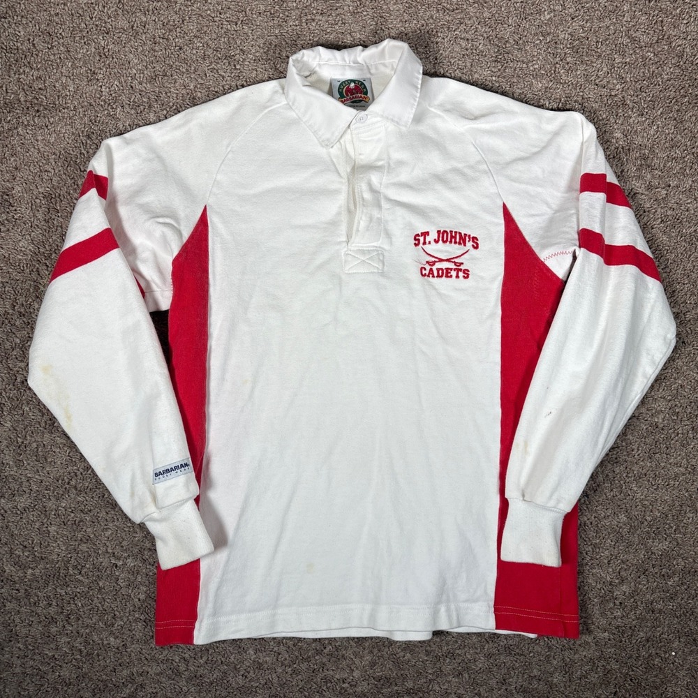 Barbarian Rugby Wear St Johns Cadets Long Sleeve Polo Shirt White Red Mens M